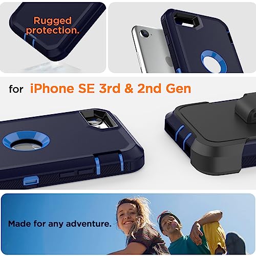 Image of AICase for iPhone SE Case 3rd & 2nd Generation with Belt-Clip Holster, for iPhone SE 2022 /2020 Case Built-in Screen Protector Heavy Duty Protective Full Body Rugged Phone Cover, Admiral Blue