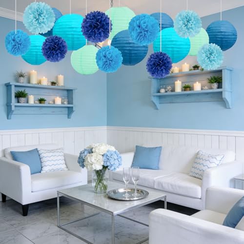 Image of 18 PCS Blue Paper Lanterns & Tissue Paper Pom Poms for Boys Birthday, Baby Shower, Wedding, Bridal Shower, Hanging Paper Decor for Indoor Outdoor Events Theme Party Supplies
