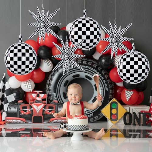 Image of TONIFUL 8Pcs 22Inch Black Checkered Large 4D Giant Round and Star Balloons Explosion Star Mylar Balloons Set for Christmas New Year Birthday Wedding Bridal Shower Anniversary Photo Booth Supplies
