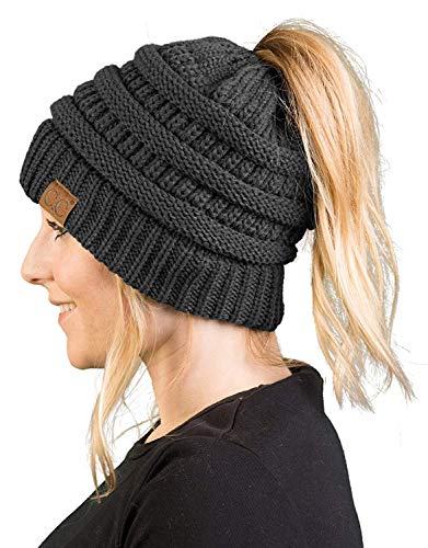 Funky Junque Solid Ribbed Beanietail Messy Bun High Ponytail Beanie Hat - Charcoal #TOP26