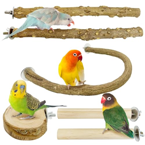 Image of PINVNBY 6 PCS Natural Bird Perches Wooden Parrot Perch Sets Bird Perches for Cage Parakeet Platform Hammock Paw Grinding Fork Chewing Stick for Budgies Conures Finches Cockatiels Lovebirds