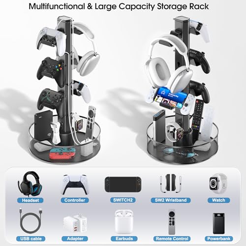 Kosker Soporte para Mando Mesa de Gran Capacidad con Cesta Giratoria, Universal Soporte Auriculares y Mando para PS5/PS4/Xbox/Switch/PC Accesorio, Colgador Cascos con Organizador de Cable, 4 Niveles - imagen 3