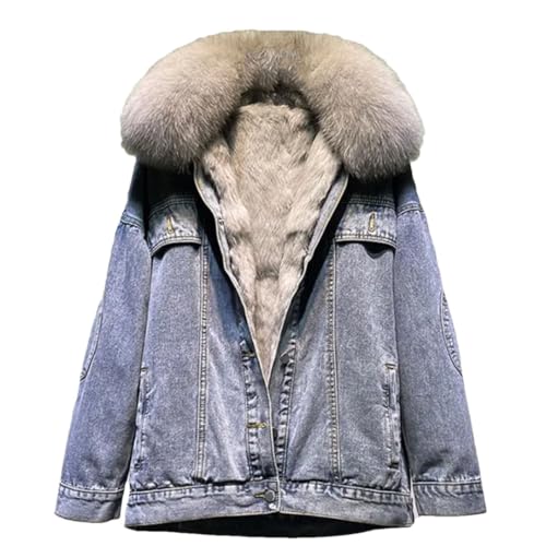 Ownwfeat Frauen-Winter-Beiläufige Pelz-Kragen-Verdickte Warme Jeansjacke