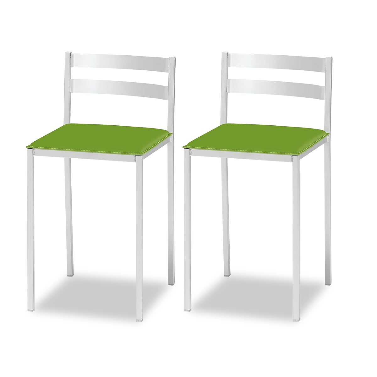 ASTIMESA 2 Kitchen Stools with Low Backrest, Horizontal Stripes and Upholstered Seat – White Structure – Green Leatherette Seat
