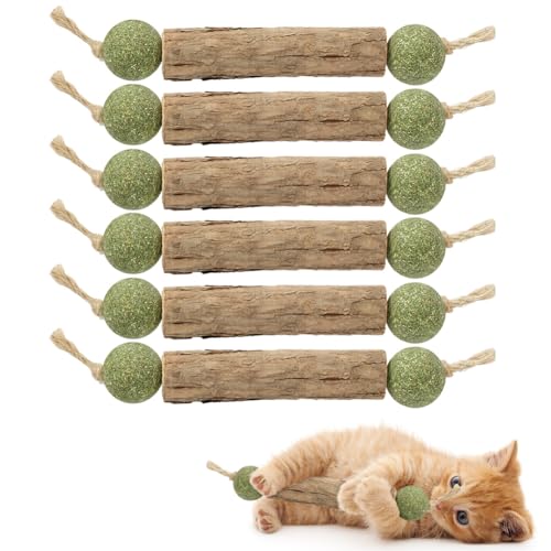 OSDUE Katzenminze Sticks, 6 Stück Matatabi Kausticks mit Ball Katzenminze Spielzeug Katzen Kauhölzer Sticks für Katzen Zahnpflege & Gegen Mundgeruch Natürlich Sicher Katzensticks Kausticks Set