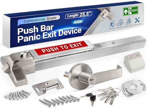 304 Stainless Steel Panic Bars for Emergency Exit Doors with Alarms - 25.5” Commercial Door Push Bar Panic Exit Device with Exterior Lever Handle, Panic Door Hardware for 26”-41”Wooden/Metal Doors