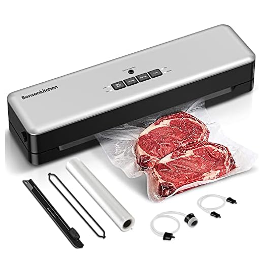 Bonsenkitchen Envasadora al Vacío, Sellador al Vacío de Alimentos Secos y Húmedos, 1 Rollo de Película de Vacío de Succión Incluida, Plata, VS3803