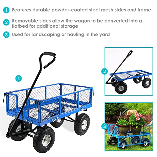 Sunnydaze Utility Steel Garden Cart, Outdoor Lawn Wagon With Removable Sides, Heavy-Duty 400 Pound Capacity, Blue #TOP3