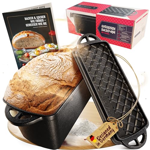 Flavemotion Brotbackform mit Deckel - Robuste rechteckige 28cm Backform aus Gusseisen - Ideal als Kastenform, Toastbrot-Backform, Brotform, Gusseisen-Topf Brot backen Zubehör, Brottopf, cast iron