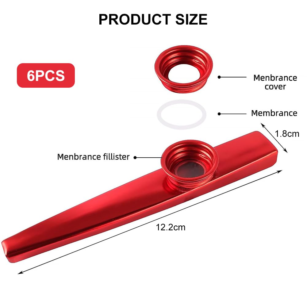 Kazoo Instrument - 6 Colours Metal Kazoo, 8 x Flute Membrane, 6 x