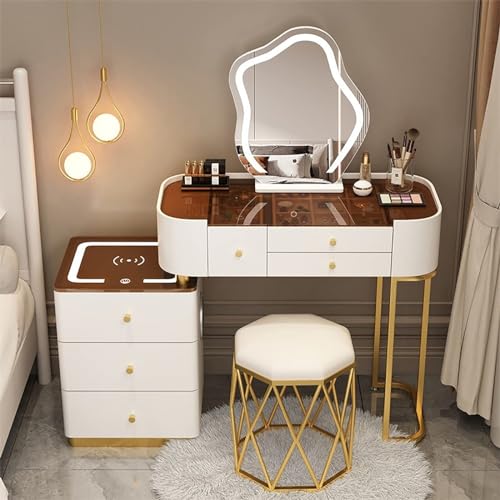 Juego de espejo de maquillaje grande con base de carga ajustable, altavoz Bluetooth de luz táctil de 3 colores y taburete acolchado para mujeres y niñas, accesorio perfecto de tocador
