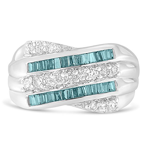 Original Classics 14K White Gold Round and Treated Blue Baguette Diamond Modern Band Ring (1 Cttw, Blue Color, I1-I2 Clarity) - Size 6-3/4