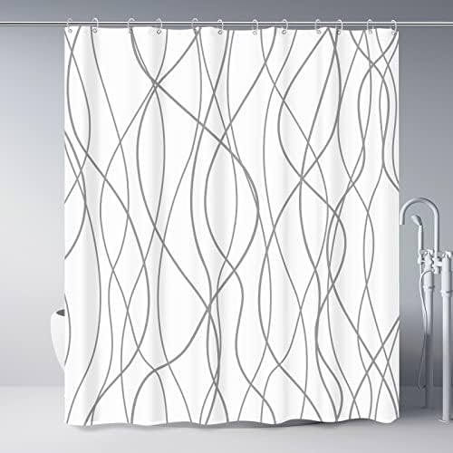 Punkray Grey and White Striped Fabric Shower Curtain for Bathroom with 12 Hooks, Shower Curtains for Bathroom 72 Inches Long, Weighted Hem,Waterproof Bath Accessories Hotel Style - Machine Washable