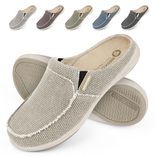 Plantar Fasciitis Slippers for Men with Arch Support, Canvas Orthotic Slipper for Men with Suede Insole and Velvet Lining, Slip on Clog House Slipper with Indoor Outdoor Anti-Skid Rubber Sole, Beige