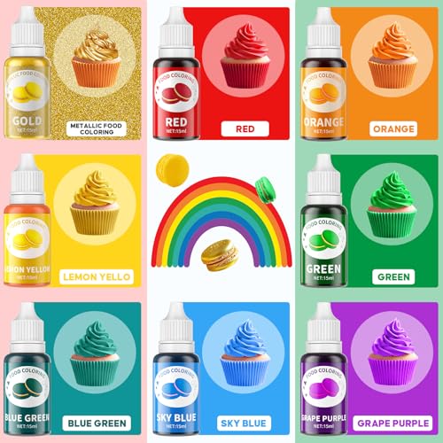 Image of Food Coloring Liquid Set - Wayin Rainbow Edible Food Dye , Gold Paint Food Grade for Cake Decorating, Baking, Easter Egg, Icing, Fondant, Cooking, Slime Making DIY Supplies Kit -8 Colors (15 ml) /Bottles