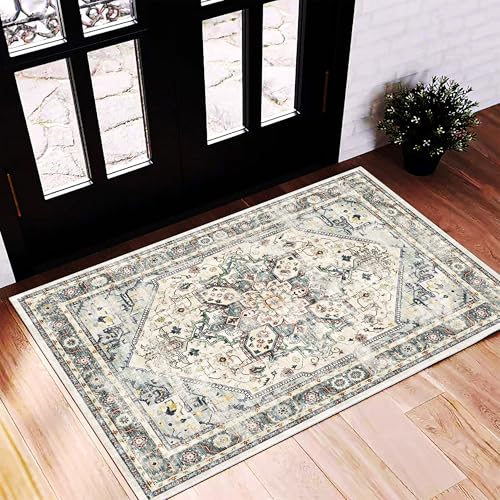 2'x3' Cyan Khaki Area Rug Washable Door Mat Vintage Distressed Doormat Indoor Entrance Traditional Thin Floral Print Non Slip Carpet for Kitchen Bathroom Bedroom Living Room