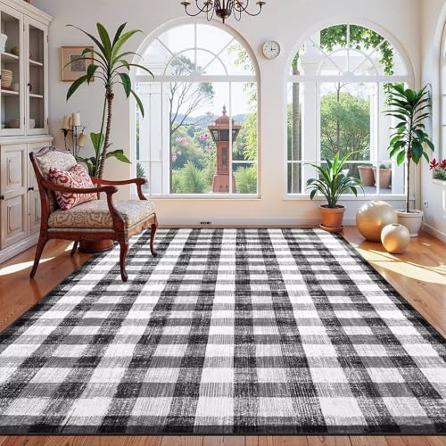 Image of Checkered Area Rug, 5x7, Black and White | Washable, Non Slip, Modern Neutral, For Living Room Bedroom Office Patio Dining Room