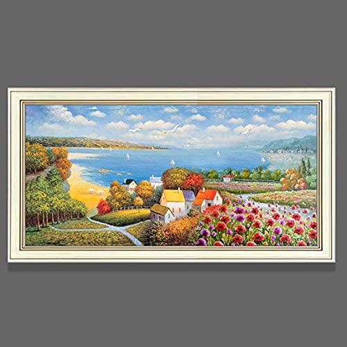 Broderie diamant de grande taille 80x220cm image strass panorama ville côtière haute définition