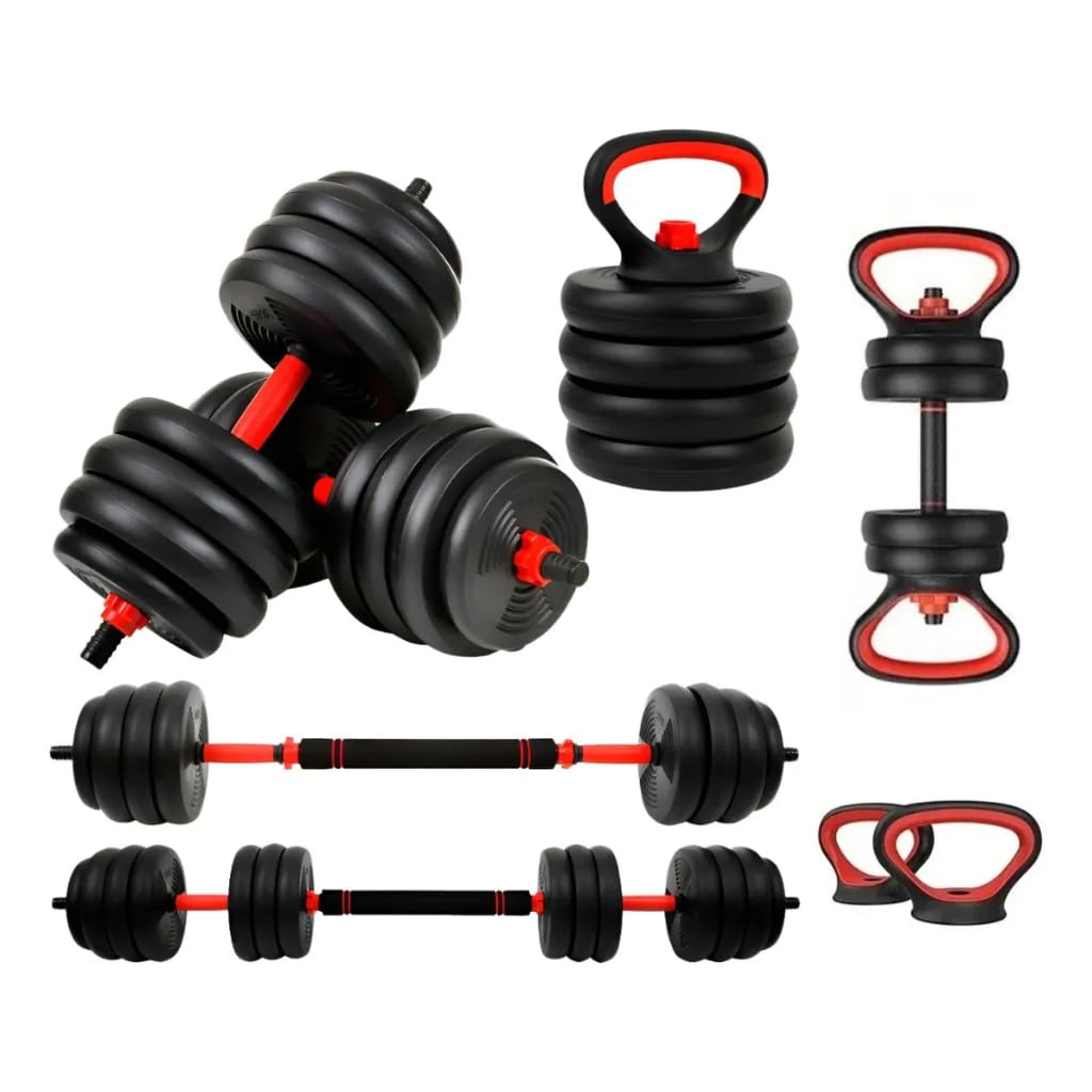 Kit Halteres 6 em 1 Preto e Vermelho Ajustável 10kg 15kg 20kg 30kg para Musculação
