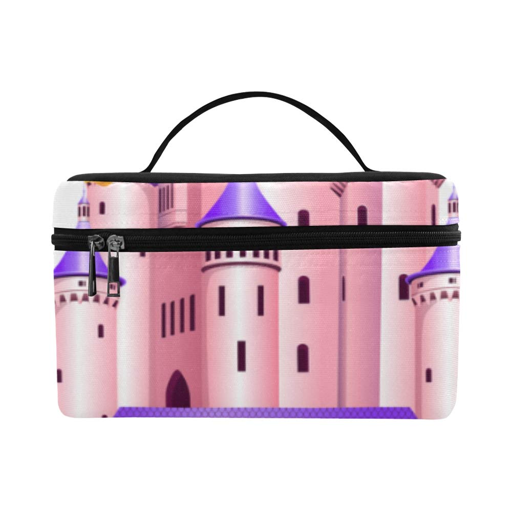 Pink Princess Queen Castle Large Capacity Size Lady Cosmetic Bag Makeup Organizer Train Toiletry Case Lunch Box for Girls Teen Women Travel with Clear Zipper and Single Layer