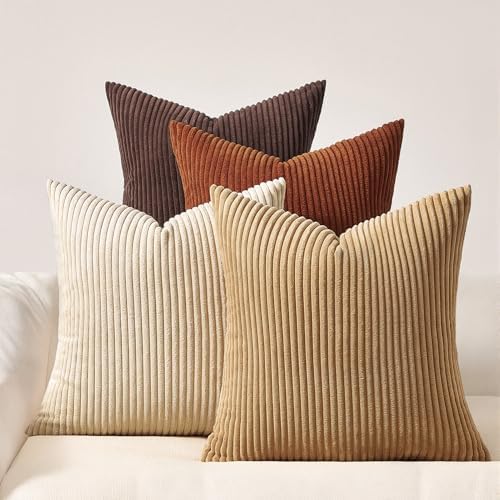 Topfinel Kissenbezug 50x50 Herbst 4er Set Cord Kissenbezüge Kissenhülle Sofakissen Dekokissen deko für Sofa Bett Wohnzimmer Kinder flauschig Beige-Braun