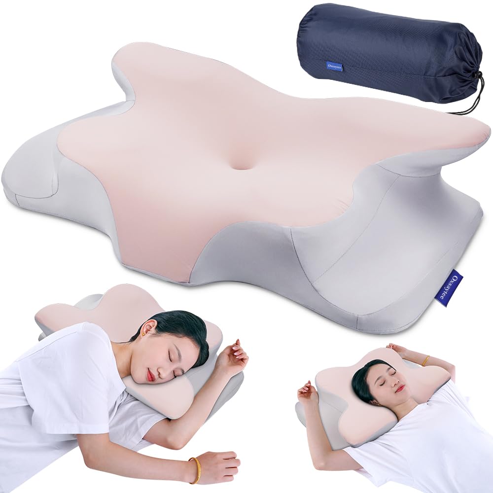 Oxsaytee Butterfly Shape Cervical Pillow for Shoulder and Neck Pain Relief, Memory Foam Neck Pillow, Ergonomic Orthopedic Neck Support Pillow for Side Back Stomach Sleeping with Washable Cover(Pink)