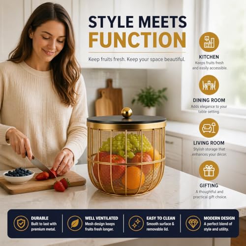 Image of Luxury Gold Metal Fruit Basket with Lid, Modern Wire Mesh Storage Bowl for Kitchen Counter, Decorative Fruit Holder for Dining Table, Rust-Resistant Organizer for Fruits, Vegetables & Snacks