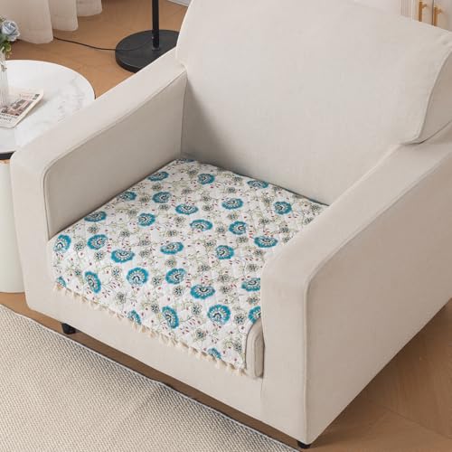 Image of HOKIPO Cerulean Bloom Quilted Sofa Cover Mat with Tassels for 1 Seater 'Tassel Twigs' Series (IN-982-T6)