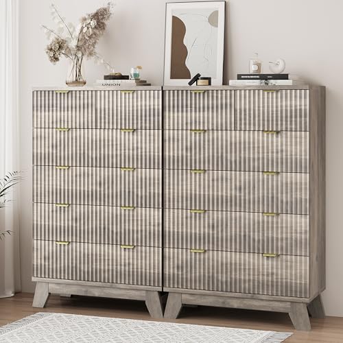Image of Xixini Fluted Dresser for Bedroom with 6 Drawers, 46 inch Tall Modern Chest of Drawers with Metal Handle, Wooden Dresser TV Stand, Wood Closet Clothes Storage Organizer for Living Room, Hallway, Grey