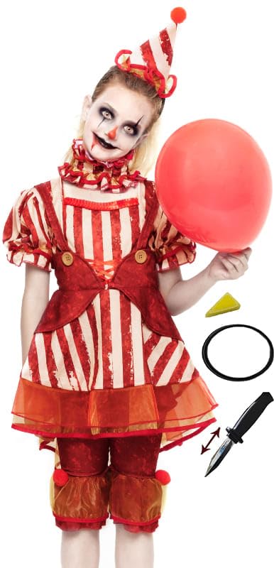 Gojoy shop-Disfraz de Payasa Loca para Adultos y Niños Idea para Carnaval Halloween, (Contiene:Ropa,Pantalón,Cuello,Gorro,Cuchillo,Pintura Esponja y Mochila.)