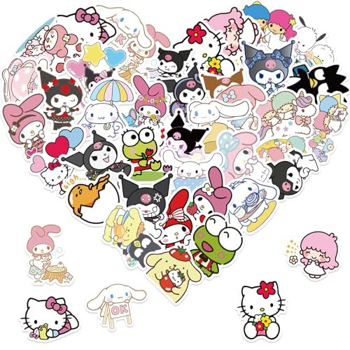 Cute Sanrio Cartoon Stickers for Kids Water Bottle 50pcs Pack, Kawaii Hellokitty Mymelody Kuromi Waterproof Vinyl Stickers for Teen Girl Adult Laptop Skateboard Bike Guitar Laggage Bicycle Travel Case