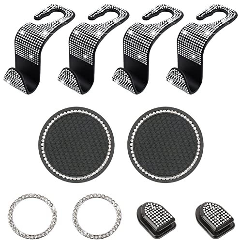 Asaisimg 10 Pcs Car Accessories for Women Interior Cute Set, Bling Car Accessories, Car Hooks for Purses and Bags, Crystal Car Coasters, Upgraded Rhinestone Car Interior,4.72x4.33