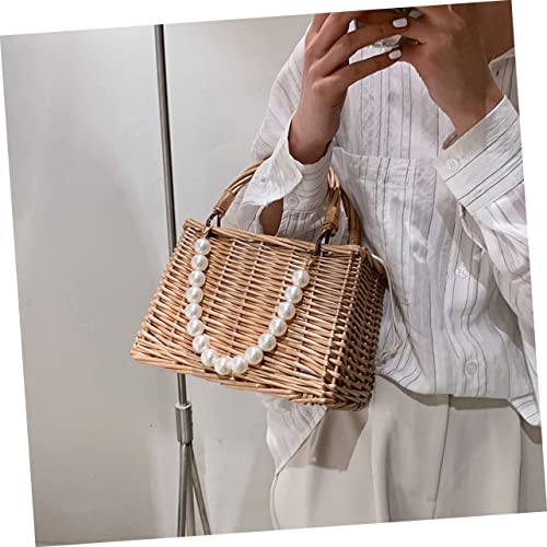 CLISPEED Pearl Straw Handbag for Women Portable Beach Bag Handheld Design Summer Tote for Vacation and Travel2