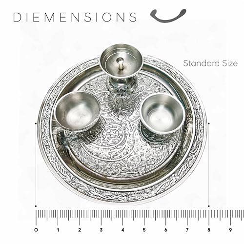 Image of Trinity Designs Silver Pooja Thali Set 8 Inch | Decorative Aarti Thali 234 Grms Silver Plate with Diya & Chandan Bowls | German Silver Thali Set Mandir, Festivals & Gifting | Puja Thali Set for Home