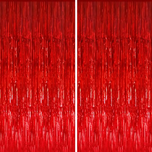 GOER 3.2 ft x 9.8 ft Metallic Tinsel Foil Fringe Curtains Party Streamer Backdrop for Birthday Graduation Decorations and New Year Eve (2 Packs Red)