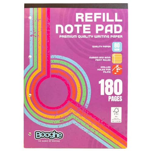 Booghe A4 Refill Notepad 180 Lined Pages 80 GSM Premium Writing Paper with Margins Micro-Perforated Tear-Out Sheets Ideal for School Notes & Office Work Pack of 1