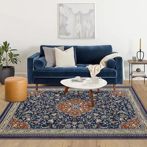 LinTimes Area Runner Rug, Navy Blue & Orange, Boho Chic Medallion Distressed Design, Non-Shedding & Easy Care, Ideal for High Traffic Areas in Living Room, Bedroom, 5 * 8 Cover