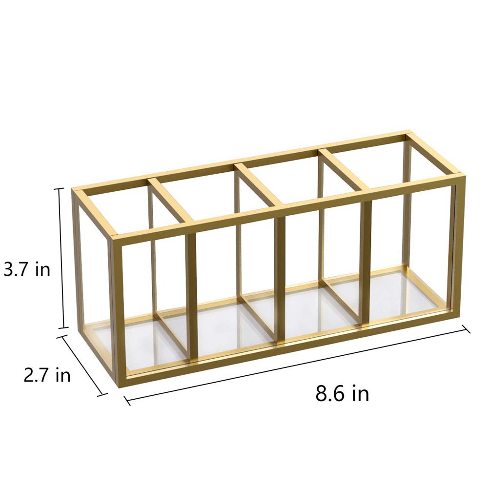 NIUBEE Portalápices acrílico con 4 compartimentos, con borde de cobre dorado, organizador de lápices para encimera, escritorio, almacenamiento de accesorios