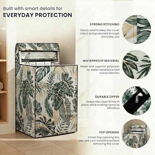 Image of Star Weaves Top Load Fully Automatic Washing Machine Cover for 8 Kg, 8.5 Kg, 9 Kg, 9.5 Kg (Printed) | Waterproof & Dustproof Polyester Fabric with Zipper | Protection Cover | 63 x 63 x 93 cm