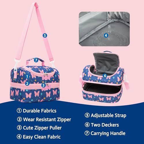 Image of Insulated Kids Dual Compartment Lunch Bags Tote Pack for Bento Girls Boys Toddler Kindergarten School Picnic Food Cooler Boxes with Shoulder Strap (2 Butterfly, Double Decker)