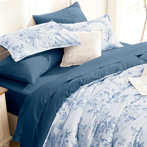 Image of Andency Floral Comforter Set Full Size, 7 Pieces Blue Flower Lightweight Bedding Set for All Seasons, Soft Vintage Bed in a Bag with Comforter, Sheets, Pillowcases & Shams