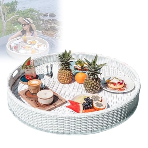 Bandeja flotante de mimbre con mango de aluminio, ideal para bebidas y aperitivos, accesorio perfecto para fiestas de verano y diversión al aire libre