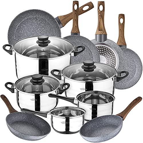 Bateria De Cocina 8 Piezas San Ignacio Toledo, Acero Inoxidable, Con Juego Sartenes (18/20/22/24/26/28 Cm) Daimiel En Aluminio Forjado
