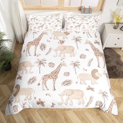 Loussiesd Animaux de la Jungle Housse de Couette 140x200cm Elephant Lion Giraffe Parure de Lit African Safari Animaux Literie Set pour Les Enfants Garçons...