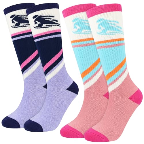 KOOOGEAR Kids Ski Socks Boys Girls Thermal Thick Warm Winter Cozy Socks for Skiing Snowboarding 2Pairs 6-12Years (Pink Purple)