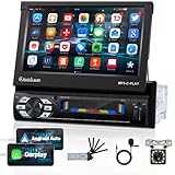 Single Din Car Stereo with Apple Carplay 7 Inch Motorized Flip Out Retractable Touch Screen Car Radio Android Auto Bluetooth Radio with Backup Camera and Mirror Link USB AUX TF MIC