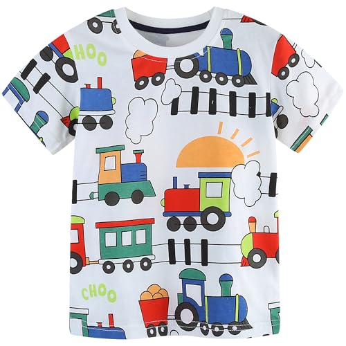 AIWUHE Toddler Boys Short-Sleeve Shirts and Tops Boys Graphic T-Shirt Cotton Tee Summer Clothes White Train 5295 5T