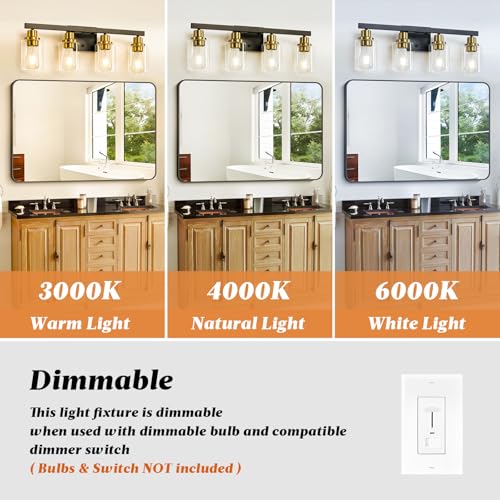 Image of Bathroom Vanity Light, 4-Light Black and Gold Bathroom Light Fixtures with Clear Glass Shade, Bathroom Lighting Fixtures Over Mirror,Bath Black Wall Lights for Mirror Bedroom,Living Room