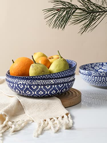 Selamica Porcelain 26 Ounce Pasta Bowls Set Of 6, 8 Inch Wide And Shallow Salad Bowls, Serving Bowls, Microwave & Dishwasher Safe, Sturdy & Stackable, Vintage Blue #TOP4