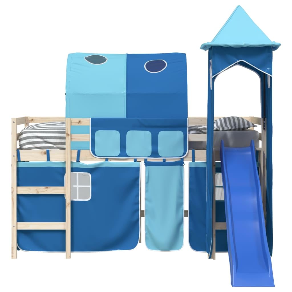 Cortinas para cama alta con túnel y torre azul de poliéster, juego de accesorios de 7 piezas con bolsillos de almacenamiento, fijación estable y diseño adecuado para niños